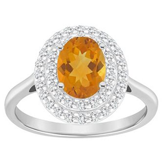 Celebration Gems Sterling Silver Oval-Cut Citrine & White Topaz Double Halo Ring