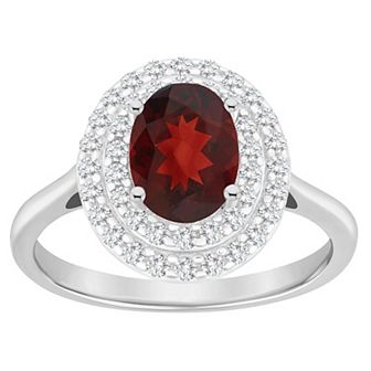 Sterling Silver Oval-Cut Garnet & White Topaz Double Halo Ring
