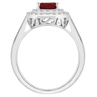 Celebration Gems Celebration Gems Sterling Silver Oval-Cut Garnet & White Topaz Double Halo Ring