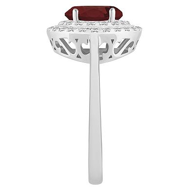 Celebration Gems Celebration Gems Sterling Silver Oval-Cut Garnet & White Topaz Double Halo Ring