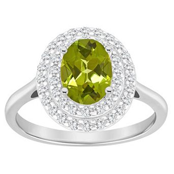 Celebration Gems Sterling Silver Oval-Cut Peridot & White Topaz Double Halo Ring