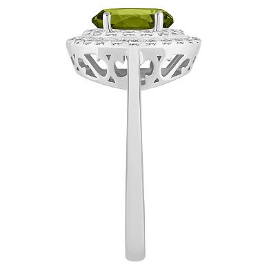 Celebration Gems Sterling Silver Oval-Cut Peridot & White Topaz Double Halo Ring