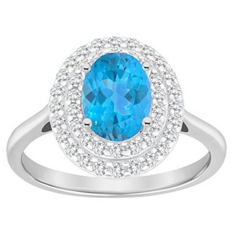 Celebration Gems Sterling Silver Oval-Cut Swiss Blue Topaz & White Topaz Double Halo Ring