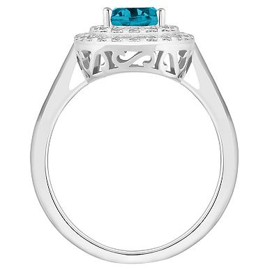 Celebration Gems Sterling Silver Oval-Cut Swiss Blue Topaz & White Topaz Double Halo Ring