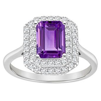 Celebration Gems Sterling Silver Emerald-Cut Amethyst & White Topaz Double Halo Ring
