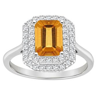 Celebration Gems Sterling Silver Emerald-Cut Citrine & White Topaz Double Halo Ring