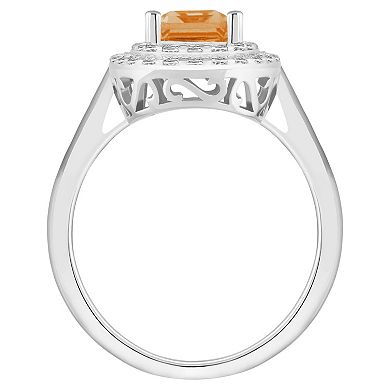 Celebration Gems Sterling Silver Emerald-Cut Citrine & White Topaz Double Halo Ring