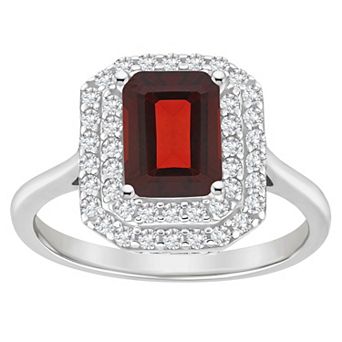 Celebration Gems Sterling Silver Emerald-Cut Garnet & White Topaz Double Halo Ring