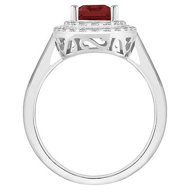 Celebration Gems Sterling Silver Emerald-Cut Garnet & White Topaz Double Halo Ring