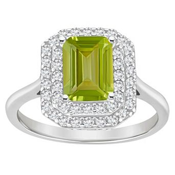 Celebration Gems Sterling Silver Emerald-Cut Peridot & White Topaz Double Halo Ring