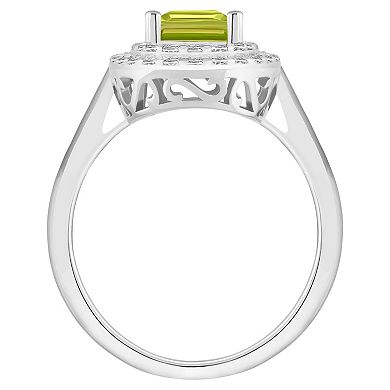 Celebration Gems Sterling Silver Emerald-Cut Peridot & White Topaz Double Halo Ring