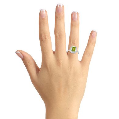 Celebration Gems Sterling Silver Emerald-Cut Peridot & White Topaz Double Halo Ring