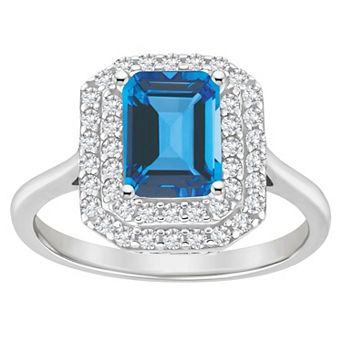 Celebration Gems Sterling Silver Emerald-Cut Swiss Blue Topaz & White Topaz Double Halo Ring
