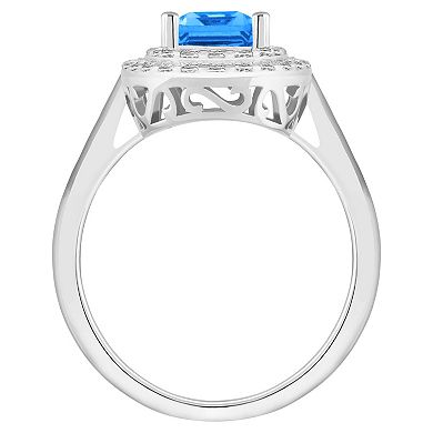Celebration Gems Sterling Silver Emerald-Cut Swiss Blue Topaz & White Topaz Double Halo Ring
