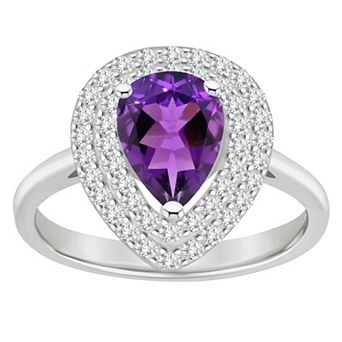 Celebration Gems Sterling Silver Teardrop Amethyst & White Topaz Double Halo Ring