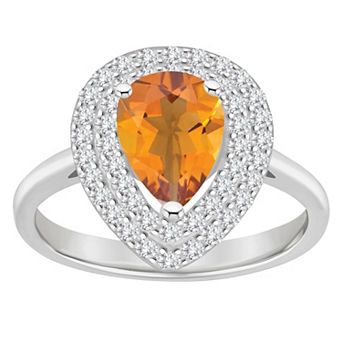 Celebration Gems Sterling Silver Teardrop Citrine & White Topaz Double Halo Ring