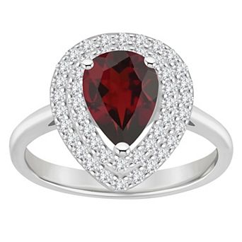 Celebration Gems Sterling Silver Teardrop Garnet & White Topaz Double Halo Ring