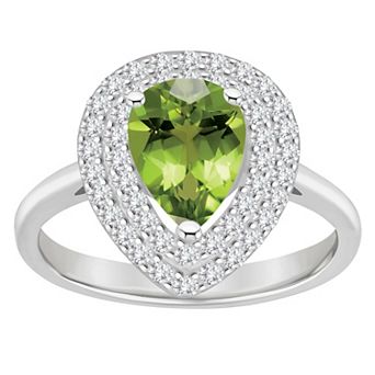 Celebration Gems Sterling Silver Teardrop Peridot & White Topaz Double Halo Ring