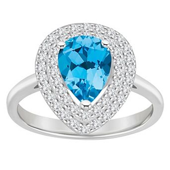 Celebration Gems Sterling Silver Teardrop Swiss Blue Topaz & White Topaz Double Halo Ring