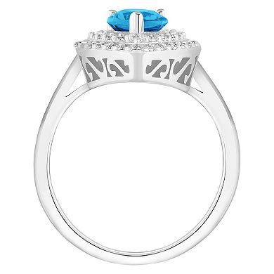 Celebration Gems Sterling Silver Teardrop Swiss Blue Topaz & White Topaz Double Halo Ring