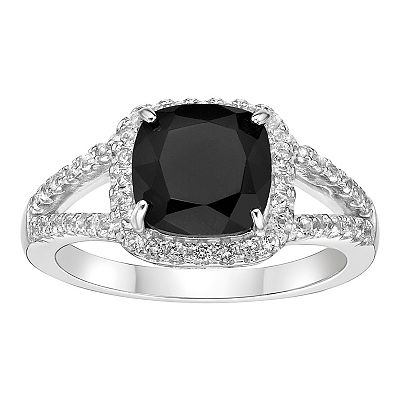 Gemminded Sterling Silver Black Onyx White Topaz Cushion Cut Ring
