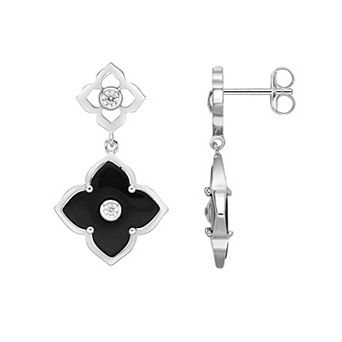 Gemminded Sterling Silver Black Onyx Clover Drop Earrings