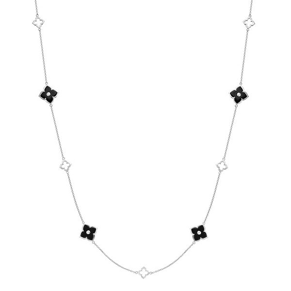 Sterling Silver Black Onyx Clover Necklace with CZ Border – HK Jewels