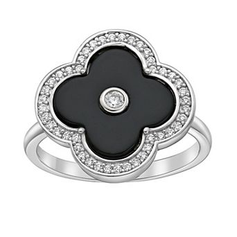 Gemminded Sterling Silver Black Onyx Clover Ring