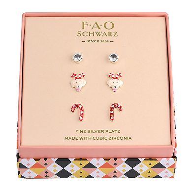 FAO Schwarz Crystal Stone, Reindeer Puppy & Candy Cane Stud Earrings Trio Set