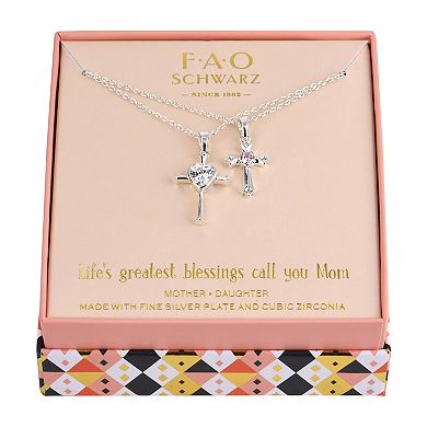FAO Schwarz Fine Silver Plated Cubic Zirconia Cross Pendant Necklace Set