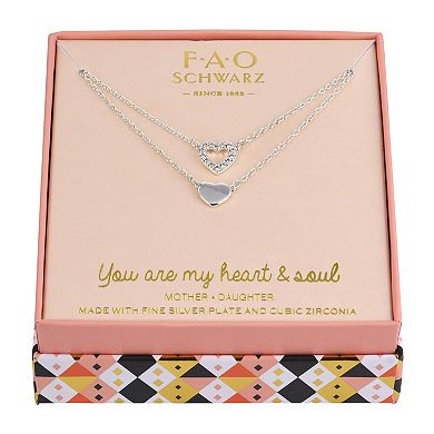 FAO Schwarz Fine Silver Plated Cubic Zirconia Heart Pendant Necklace Set