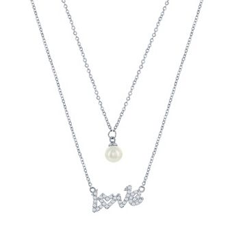 Argento Bella Sterling Silver Cubic Zirconia "Love" & Freshwater Cultured Pearl Layered Necklace