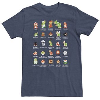 Big & Tall Nintendo Super Mario 8-bit Pixel Icons List Vintage Tee