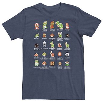 Big & Tall Nintendo Super Mario 8-bit Pixel Icons List Vintage Tee