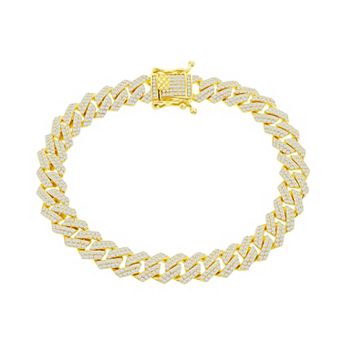 Metallo Men's 14k Gold Over Silver Cubic Zirconia Monaco Chain Bracelet