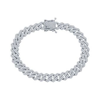 Metallo Men's Sterling Silver Cubic Zirconia Monaco Chain Bracelet