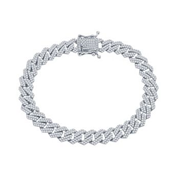 Metallo Men's Sterling Silver Cubic Zirconia Monaco Chain Bracelet