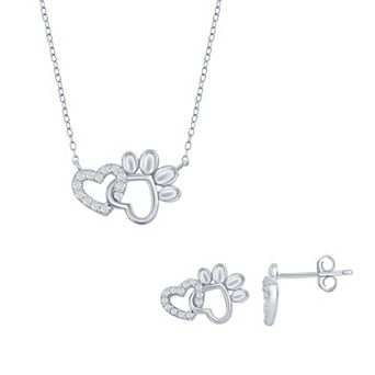 Argento Bella Sterling Silver Cubic Zirconia Heart Paw Print Necklace & Earrings Set