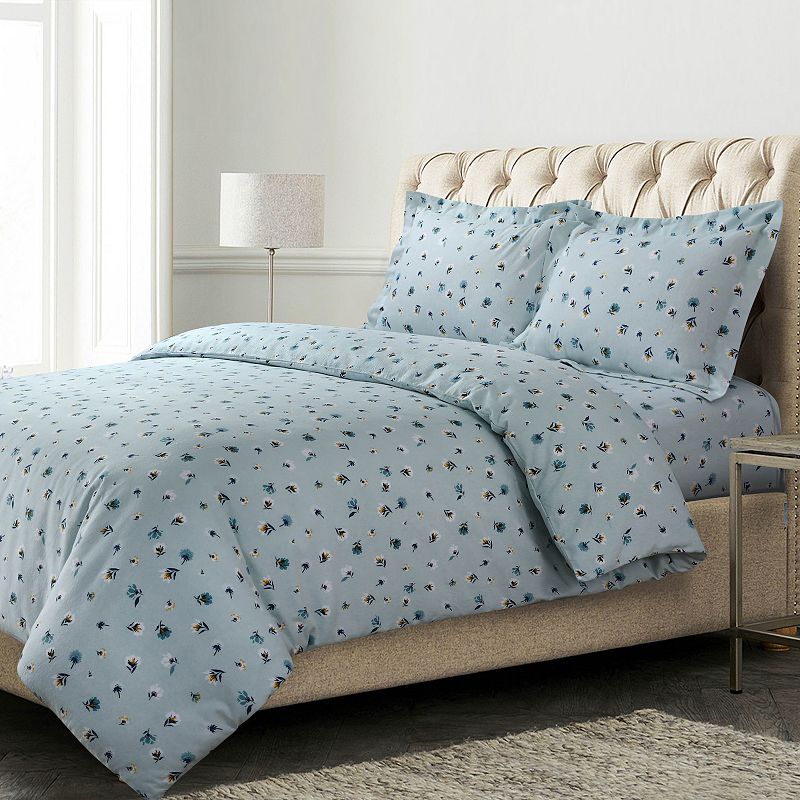 Tribeca Floryn 170-GSM Oversized Flannel Duvet Cover Set with Shams, Blue, 