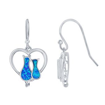 Nautica Rocks Sterling Silver Lab-Created Blue Opal Cats In Heart Earrings