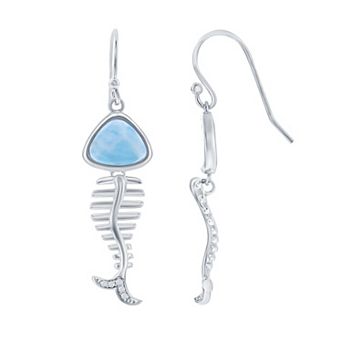 Nautica Rocks Sterling Silver Larimar & Cubic Zirconia Fish Skeleton Earrings