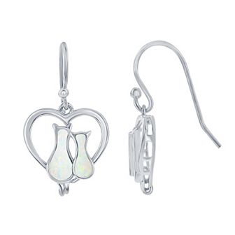Nautica Rocks Sterling Silver Lab-Created White Opal Cats In Heart Earrings