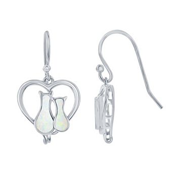Nautica Rocks Sterling Silver Lab-Created White Opal Cats In Heart Earrings