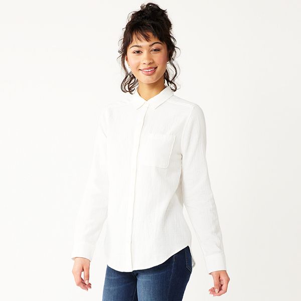 Juniors' SO® Long Sleeve Gauze Button Down Shirt