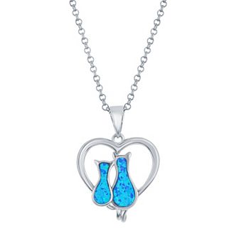 Nautica Rocks Sterling Silver Lab-Created Blue Opal Cats In Heart Necklace