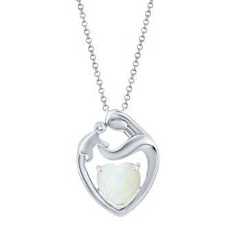 Nautica Rocks Sterling Silver Lab-Created White Opal Mother & Child Heart Necklace