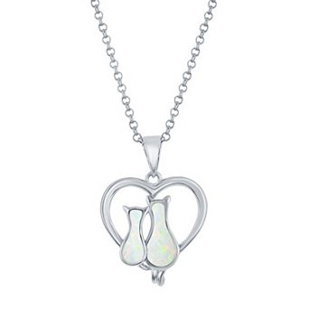 Nautica Rocks Sterling Silver Lab-Created White Opal Cats In Heart Necklace