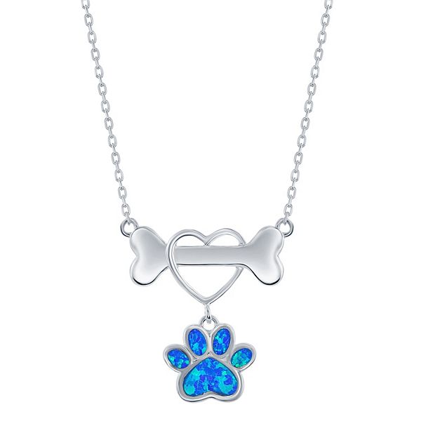 Sterling Silver Lab-Created Blue Opal Heart Dog Bone Necklace