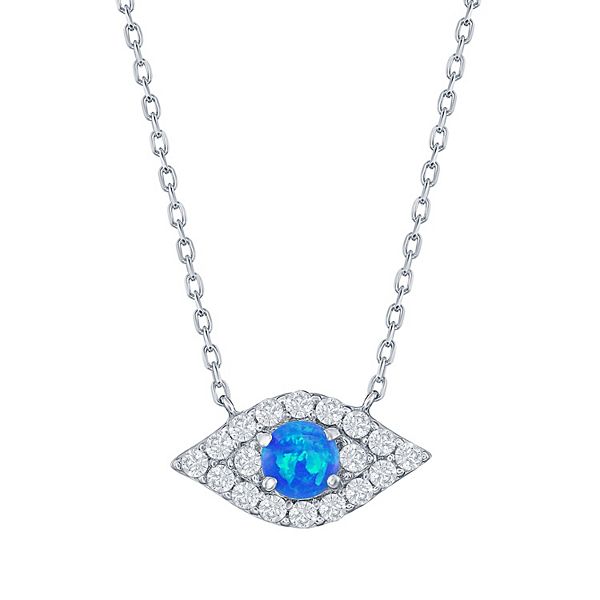 Sterling Silver Lab Created Blue Opal And Cubic Zirconia Evil Eye Necklace