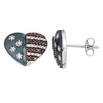 Jewelexcess Sterling Silver 1/4 Carat T.W. Red & White Diamond American Flag Heart Stud Earrings